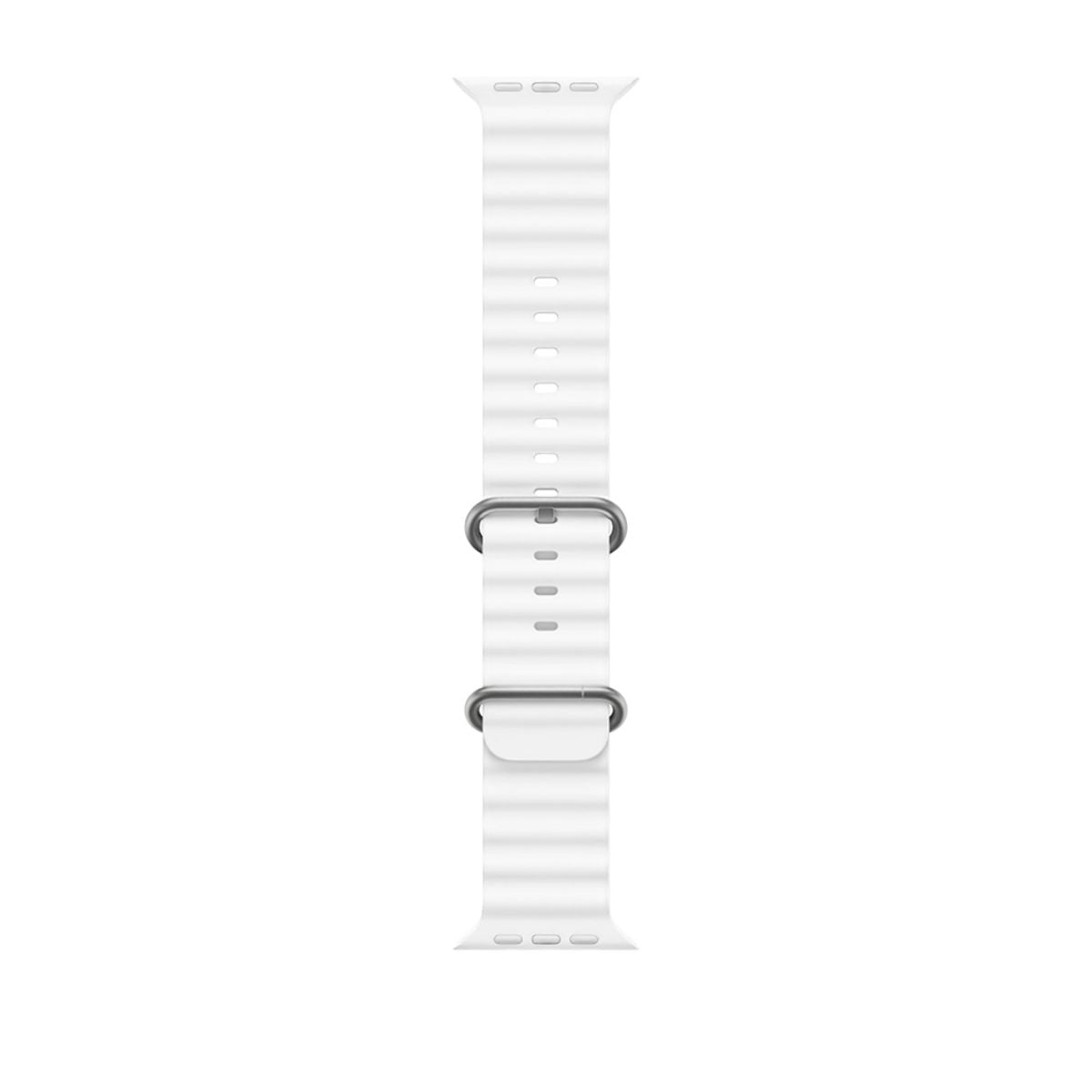 White Ocean Series Silicone Apple Watch Band 42/44/45mm laid flat. Features a secure fit with metal loops for a comfortable and modern look.